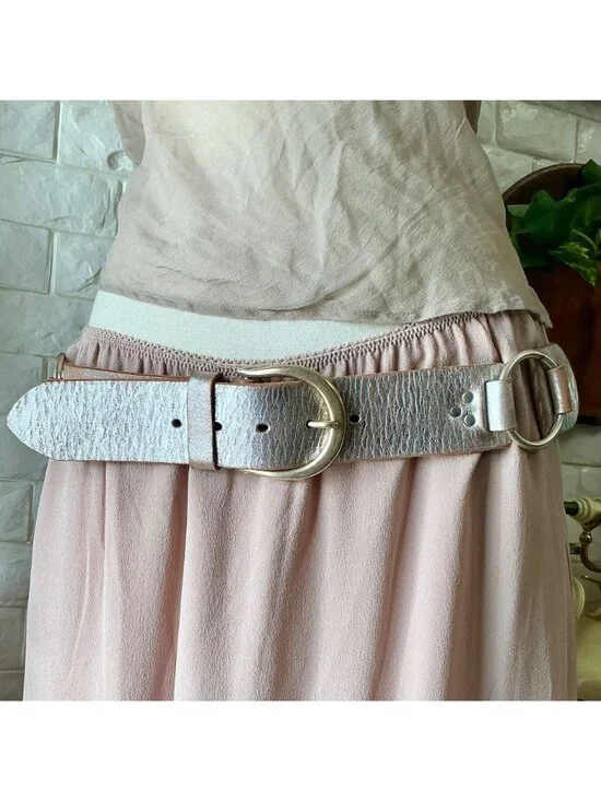 Vintage 90s Y2K Cache Metallic Silver Brushed Handmade Leather Woven Back Wide B - Picture 4 of 12